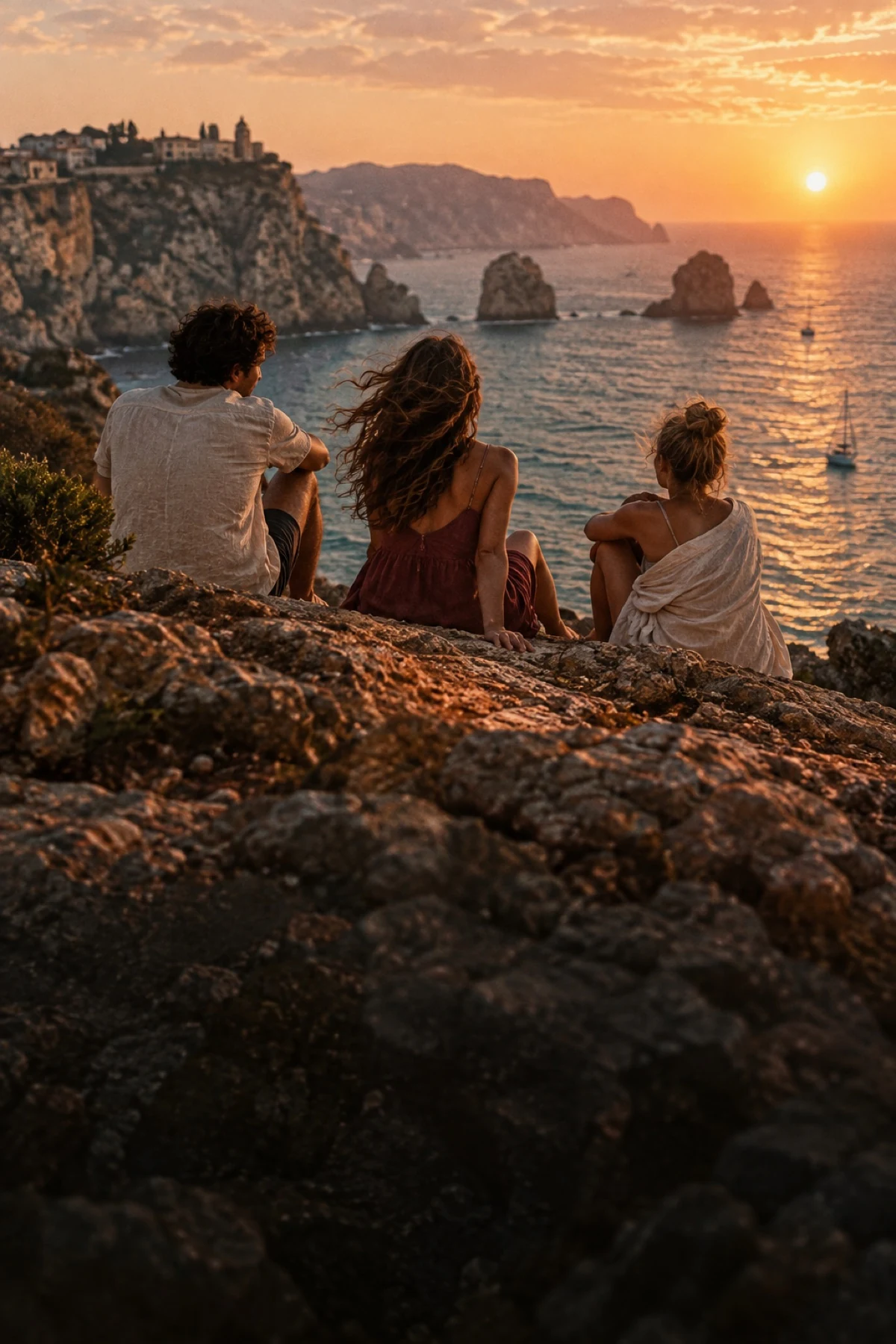 Friends watching a sunset together by the sea